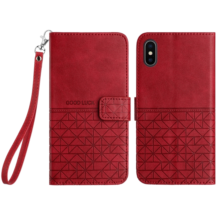 

For iPhone XS Max Rhombic Texture Leather Phone Case with Lanyard(Red)