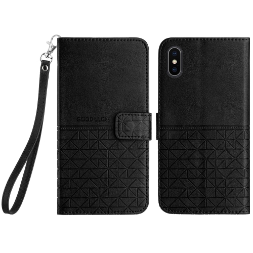 

For iPhone XS Max Rhombic Texture Leather Phone Case with Lanyard(Black)