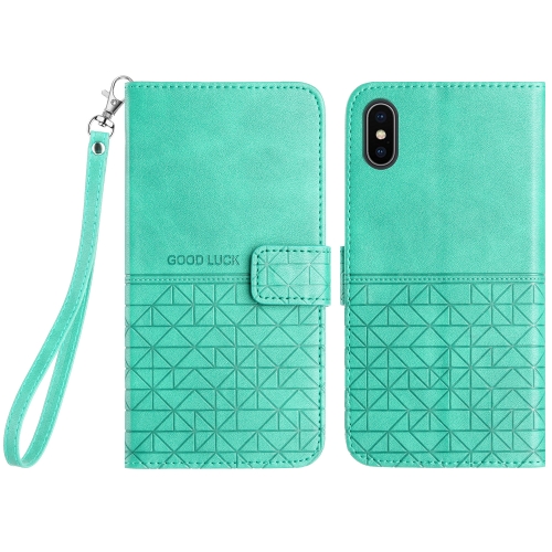 

For iPhone XS Max Rhombic Texture Leather Phone Case with Lanyard(Green)