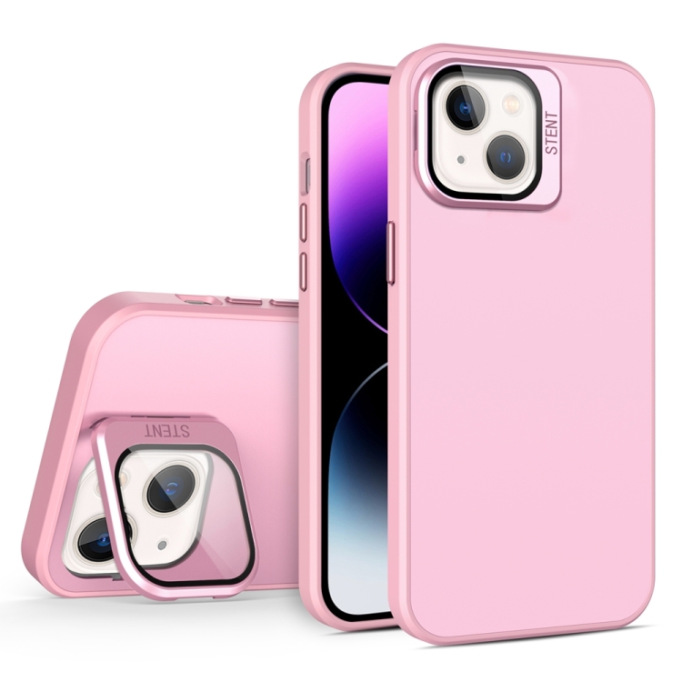 

For iPhone 15 Skin Feel Lens Holder PC + TPU Phone Case(Pink)