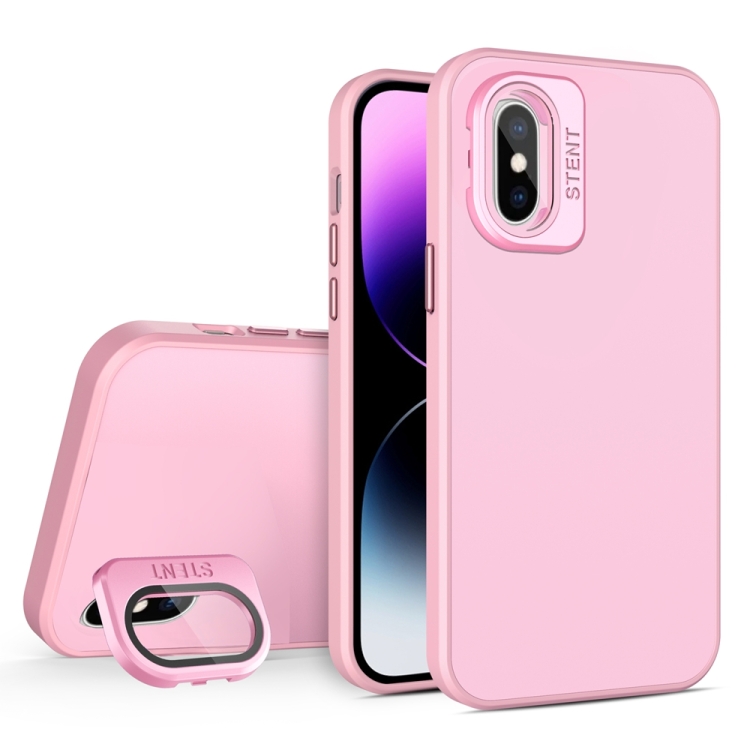 

For iPhone X / XS Skin Feel Lens Holder PC + TPU Phone Case(Pink)