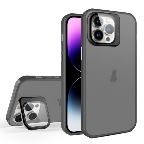 For iPhone 15 Pro Skin Feel Lens Holder Translucent Phone Case(Black)