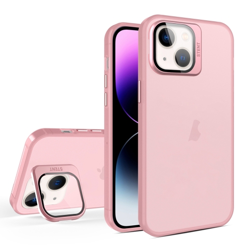 For iPhone 15 Plus Skin Feel Lens Holder Translucent Phone Case(Pink)