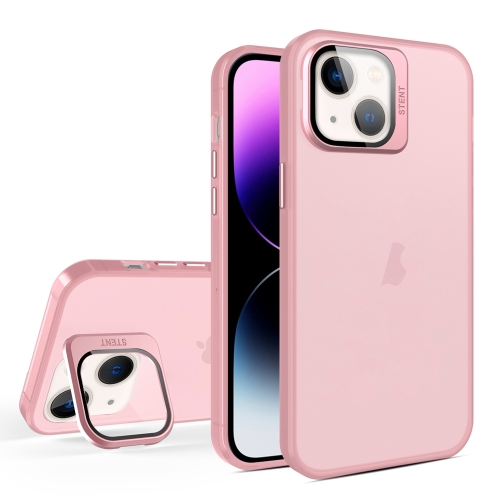 

For iPhone 15 Skin Feel Lens Holder Translucent Phone Case(Pink)