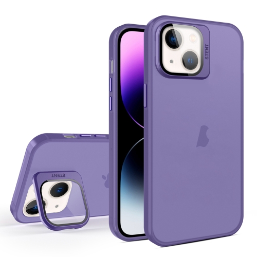 

For iPhone 14 Plus Skin Feel Lens Holder Translucent Phone Case(Dark Purple)