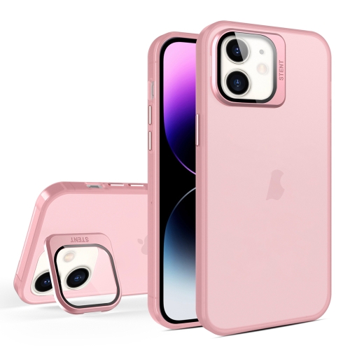 

For iPhone 12 Skin Feel Lens Holder Translucent Phone Case(Pink)