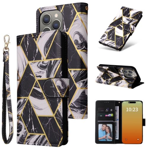

For iPhone 15 Pro Max Marble Bronzing Stitching Leather Phone Case(Black)