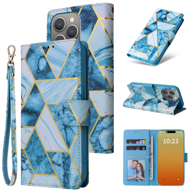 

For iPhone 15 Pro Max Marble Bronzing Stitching Leather Phone Case(Blue)