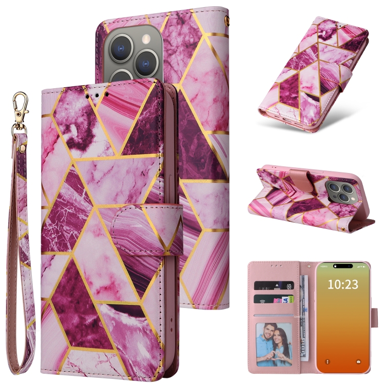 

For iPhone 15 Pro Max Marble Bronzing Stitching Leather Phone Case(Purple)