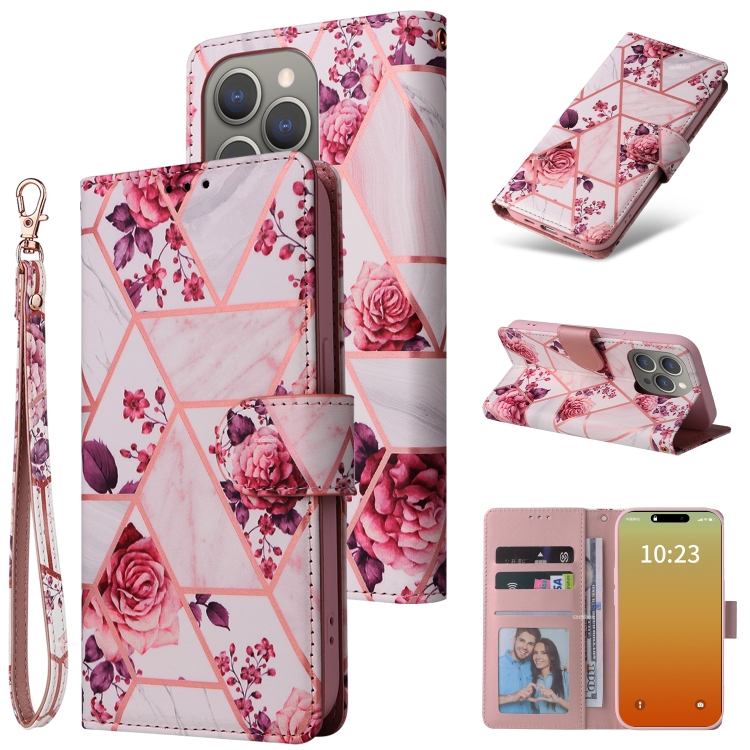 

For iPhone 15 Pro Marble Bronzing Stitching Leather Phone Case(Rose Gold)