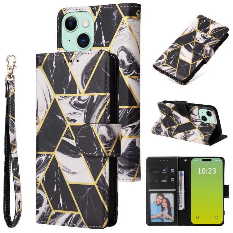 

For iPhone 15 Plus Marble Bronzing Stitching Leather Phone Case(Black)