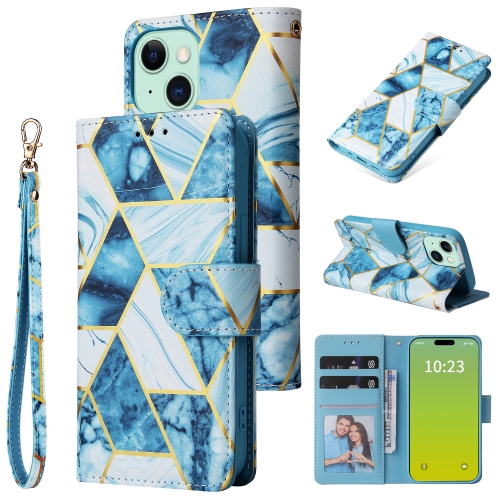 

For iPhone 15 Marble Bronzing Stitching Leather Phone Case(Blue)