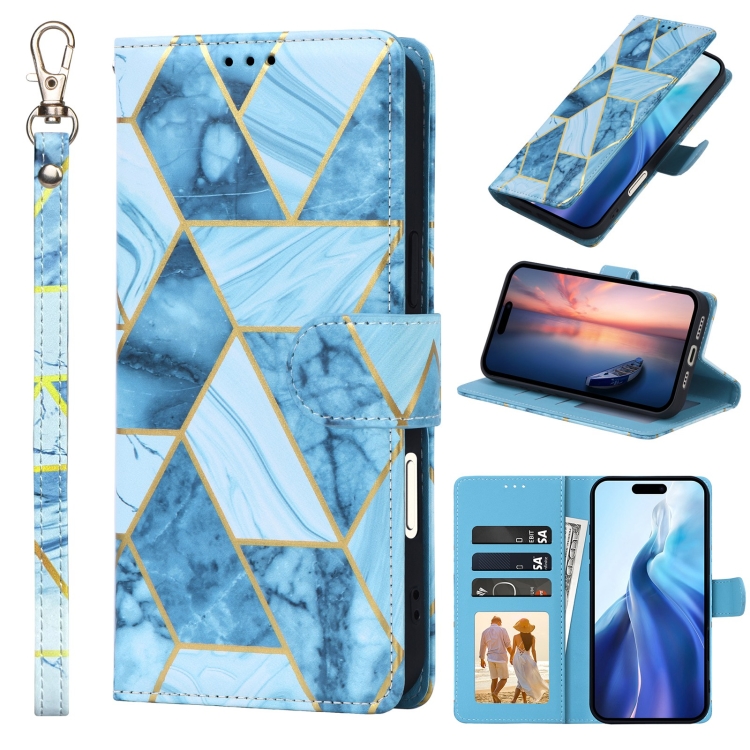 

For iPhone 16 Marble Bronzing Stitching Leather Phone Case(Blue)