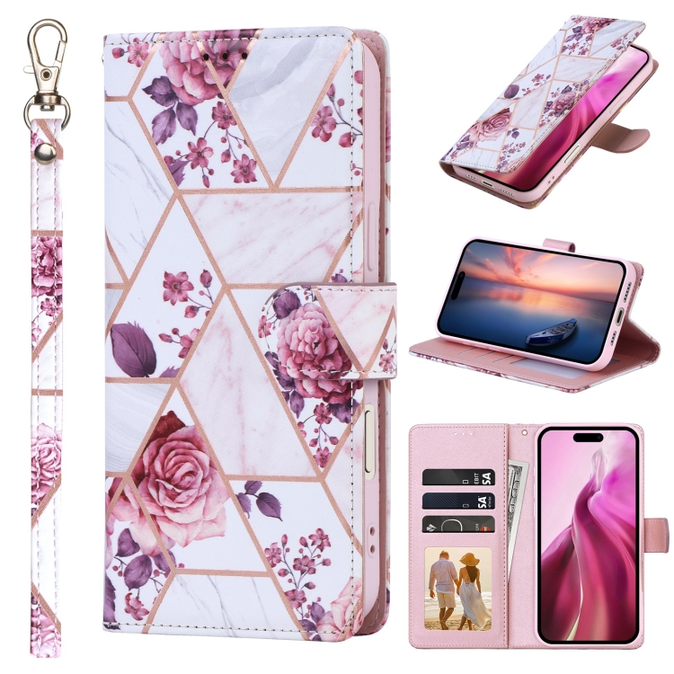 

For iPhone 16 Marble Bronzing Stitching Leather Phone Case(Rose Gold)