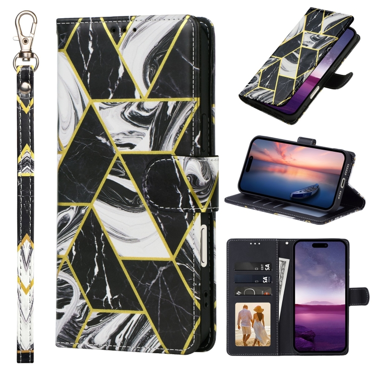 

For iPhone 16 Pro Marble Bronzing Stitching Leather Phone Case(Black)