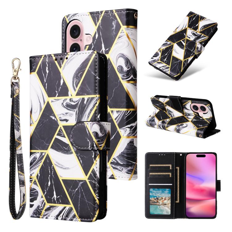 

For iPhone 17 Marble Bronzing Stitching Leather Phone Case(Black)