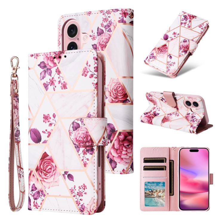 

For iPhone 17 Marble Bronzing Stitching Leather Phone Case(Rose Gold)