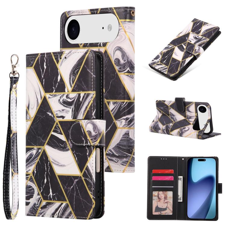 

For iPhone 17 Air Marble Bronzing Stitching Leather Phone Case(Black)