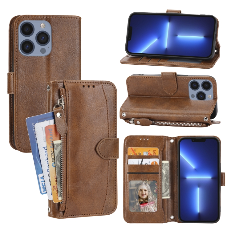 

For iPhone 15 Pro Max Oil Skin Zipper Wallet Leather Phone Case(Brown)