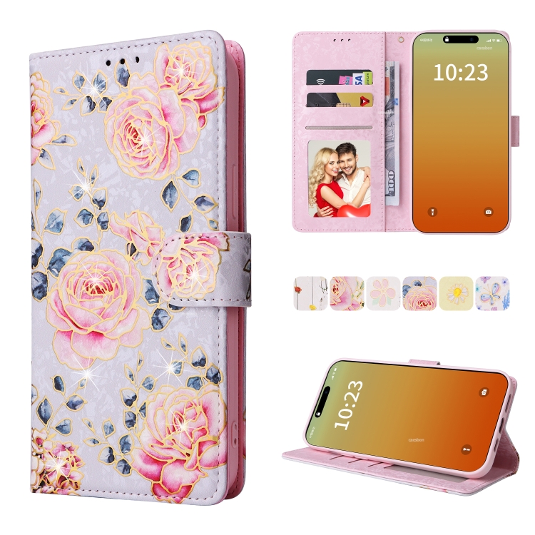 

For iPhone 15 Pro Max Bronzing Painting RFID Leather Case(Pastoral Rose)
