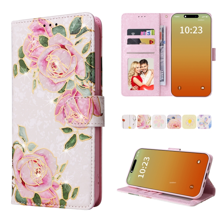 

For iPhone 15 Pro Bronzing Painting RFID Leather Case(Rose Flower)