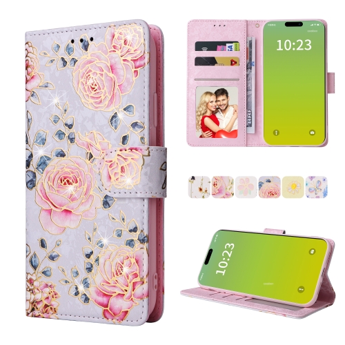 

For iPhone 15 Plus Bronzing Painting RFID Leather Case(Pastoral Rose)