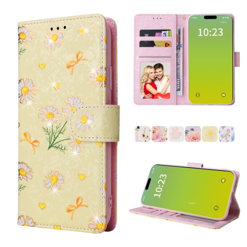 

For iPhone 15 Plus Bronzing Painting RFID Leather Case(Yellow Daisy)