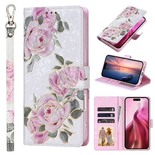 

For iPhone 16 Bronzing Painting RFID Leather Case(Rose Flower)