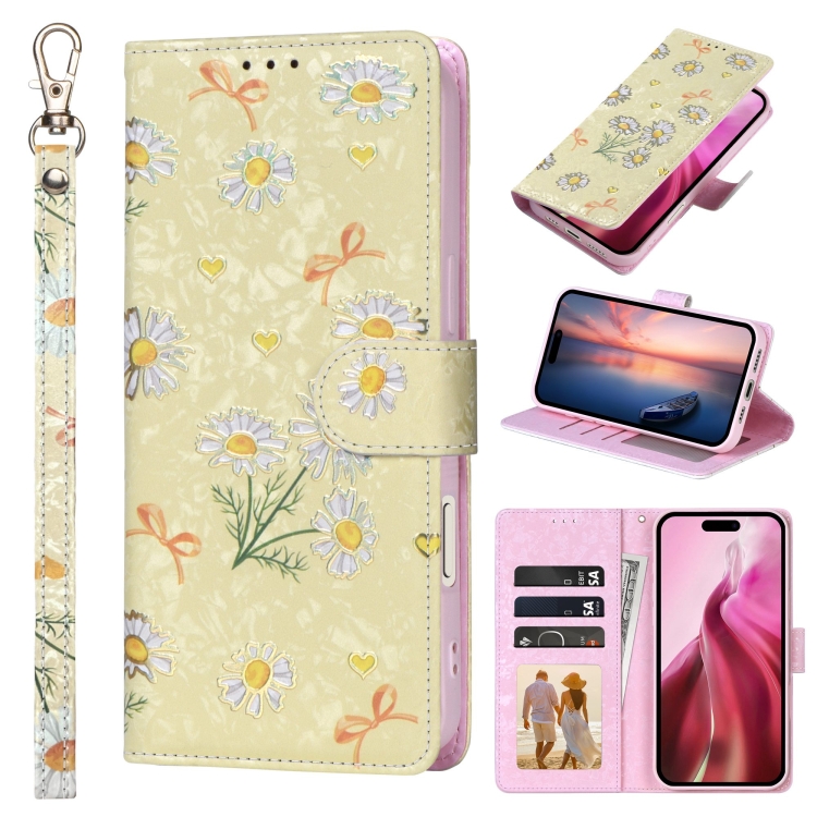 

For iPhone 16 Pro Bronzing Painting RFID Leather Case(Yellow Daisy)