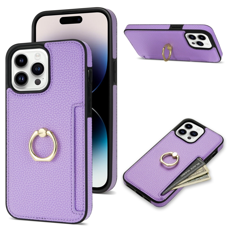 

For iPhone 15 Pro Ring Card Litchi Leather Back Phone Case(Purple)
