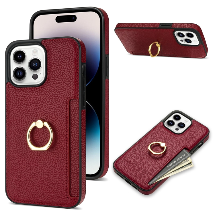 

For iPhone 15 Pro Ring Card Litchi Leather Back Phone Case(Red)