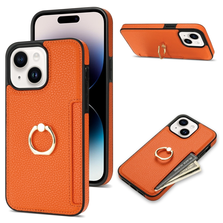 

For iPhone 15 Plus Ring Card Litchi Leather Back Phone Case(Orange)