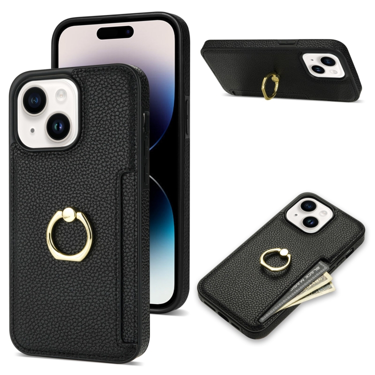 

For iPhone 15 Ring Card Litchi Leather Back Phone Case(Black)