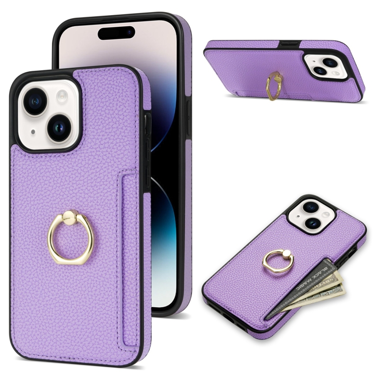 

For iPhone 15 Ring Card Litchi Leather Back Phone Case(Purple)