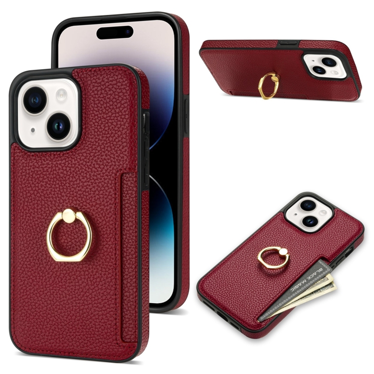 

For iPhone 15 Ring Card Litchi Leather Back Phone Case(Red)