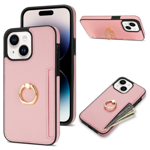 

For iPhone 15 Ring Card Litchi Leather Back Phone Case(Pink)