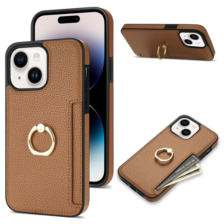 

For iPhone 15 Ring Card Litchi Leather Back Phone Case(Brown)