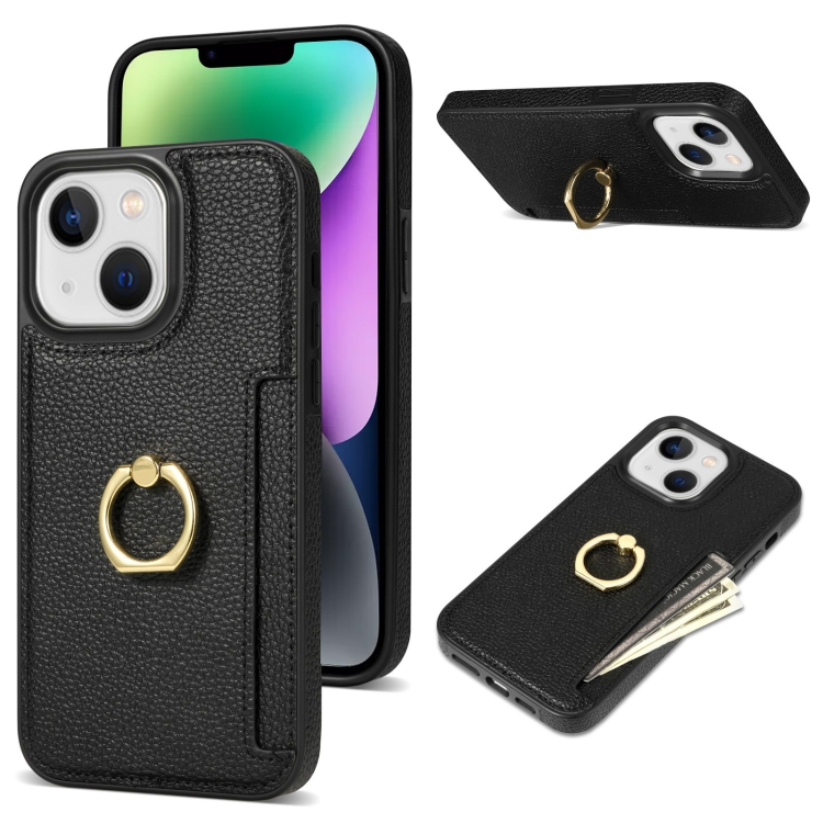 

For iPhone 14 Plus Ring Card Litchi Leather Back Phone Case(Black)