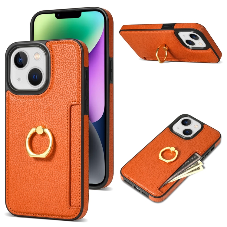 

For iPhone 14 Ring Card Litchi Leather Back Phone Case(Orange)