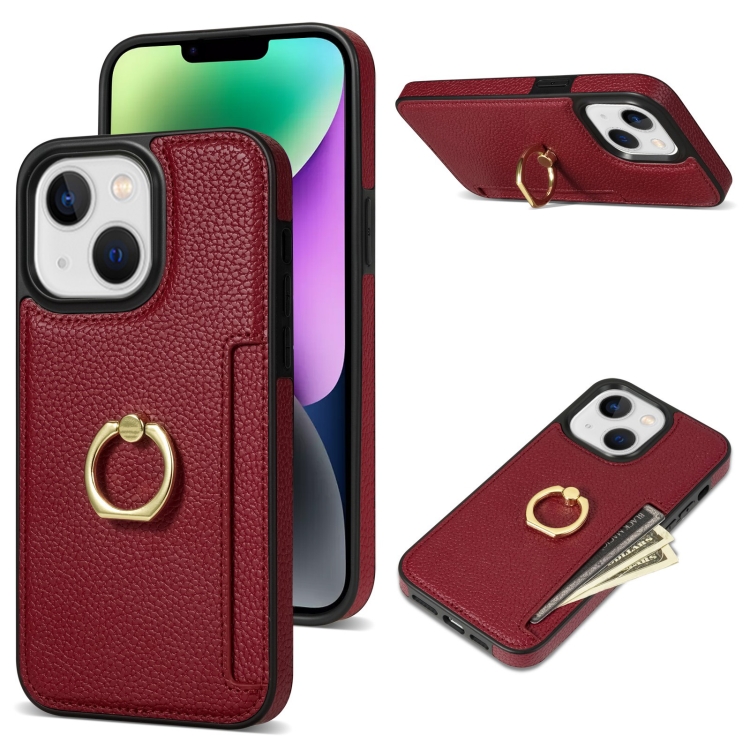

For iPhone 14 Ring Card Litchi Leather Back Phone Case(Red)