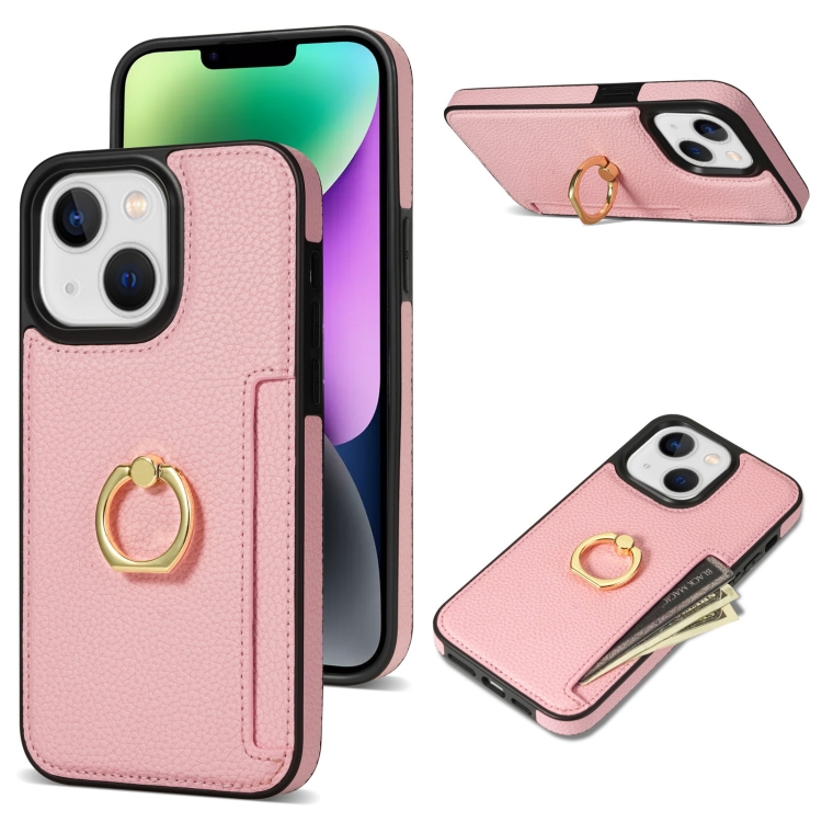 

For iPhone 14 Ring Card Litchi Leather Back Phone Case(Pink)