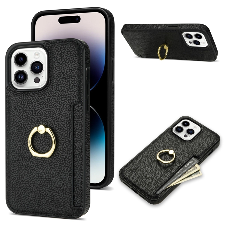 

For iPhone 14 Pro Ring Card Litchi Leather Back Phone Case(Black)