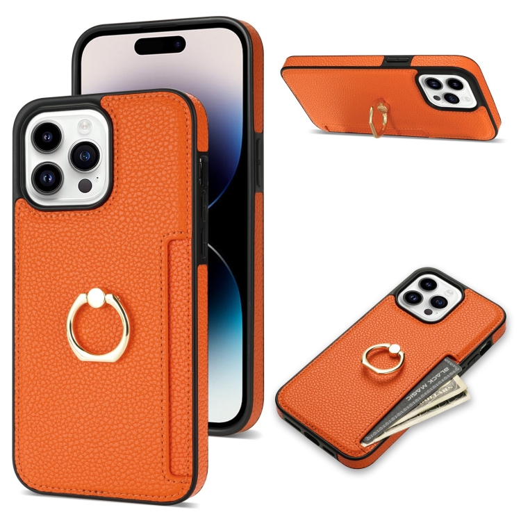 

For iPhone 14 Pro Ring Card Litchi Leather Back Phone Case(Orange)