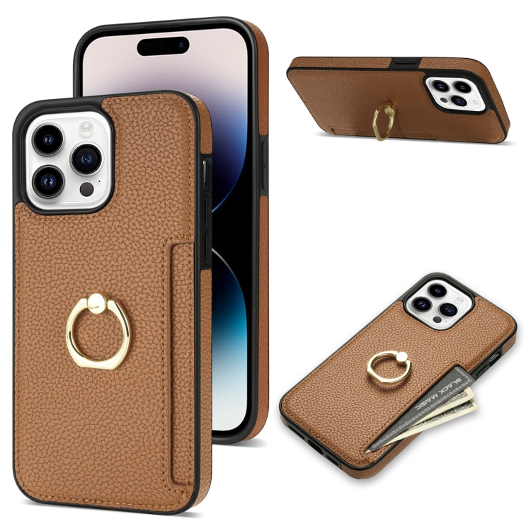 

For iPhone 14 Pro Ring Card Litchi Leather Back Phone Case(Brown)