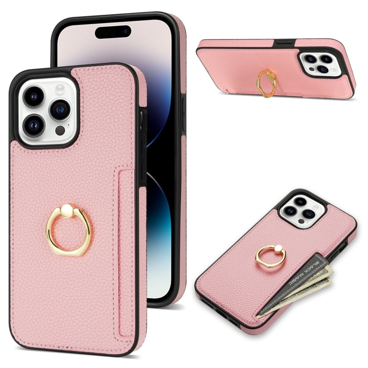 

For iPhone 14 Pro Max Ring Card Litchi Leather Back Phone Case(Pink)