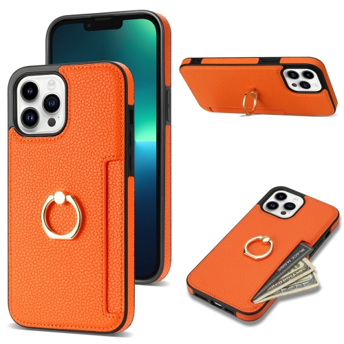 

For iPhone 13 Pro Max Ring Card Litchi Leather Back Phone Case(Orange)