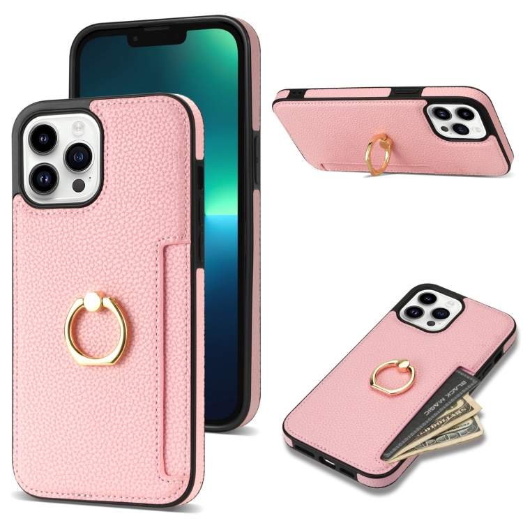 

For iPhone 13 Pro Max Ring Card Litchi Leather Back Phone Case(Pink)