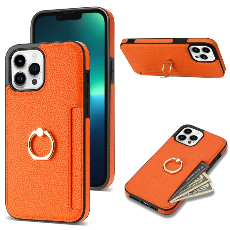 

For iPhone 13 Pro Ring Card Litchi Leather Back Phone Case(Orange)