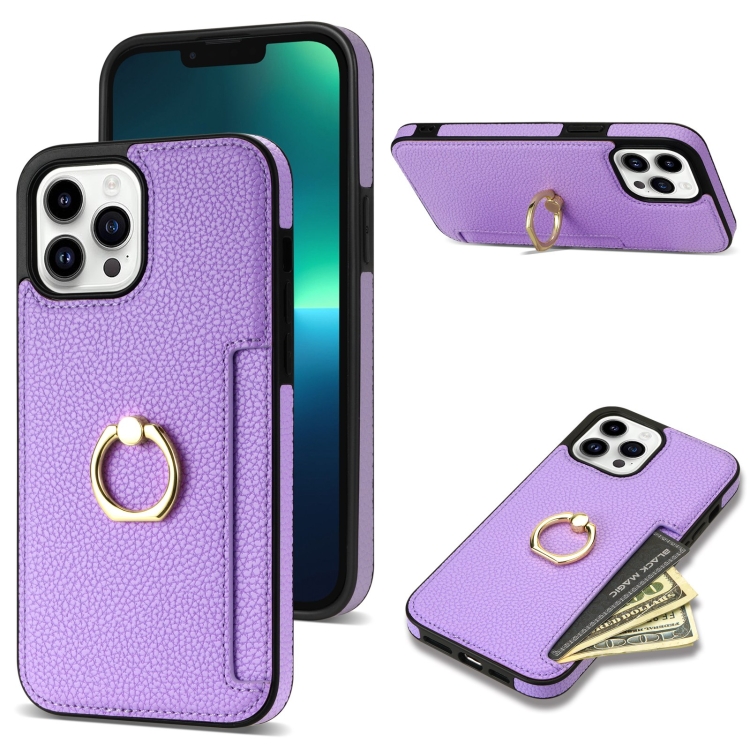 

For iPhone 13 Pro Ring Card Litchi Leather Back Phone Case(Purple)