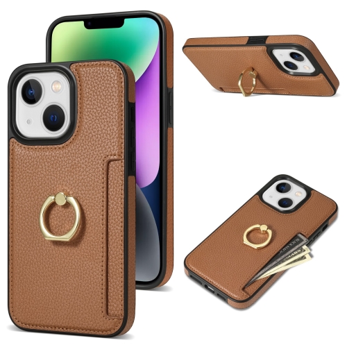 

For iPhone 13 Ring Card Litchi Leather Back Phone Case(Brown)